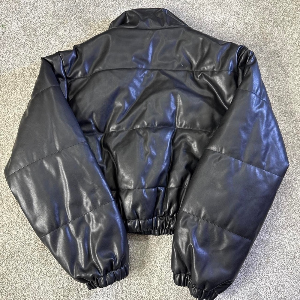 LE Lis Collection Black Faux Leather Puffer Jacket Small Quilted Coat - Picture 8 of 8